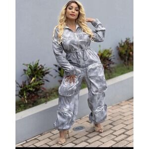 Vintage 80's One Piece Belted Snowsuit Retro Metallic Futuristic Outfit Chic